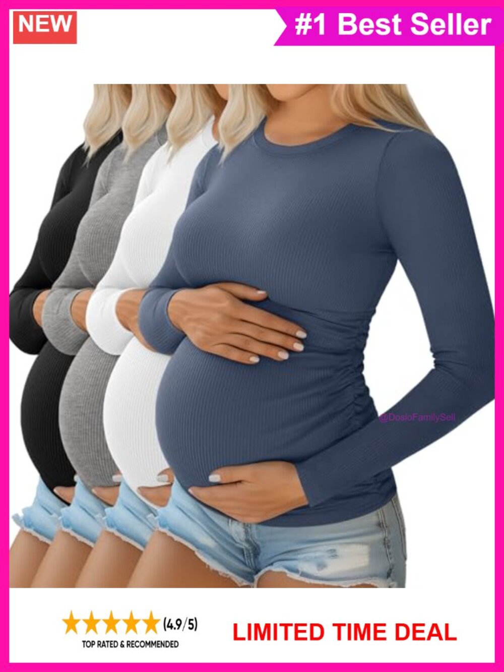 Women's Maternity Long Sleeve Ribbed Knit T-Shirt 4 Pack Pregnancy Top